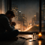 Por que alguns demônios só podem ser expulsos com jejum? Se Jesus já venceu na cruz, por que ainda é necessário? - Imagem de jovem rezando na sala com vista para cidade, na frente reza com uma bíblia , um copo de água e uma vela acesa.
