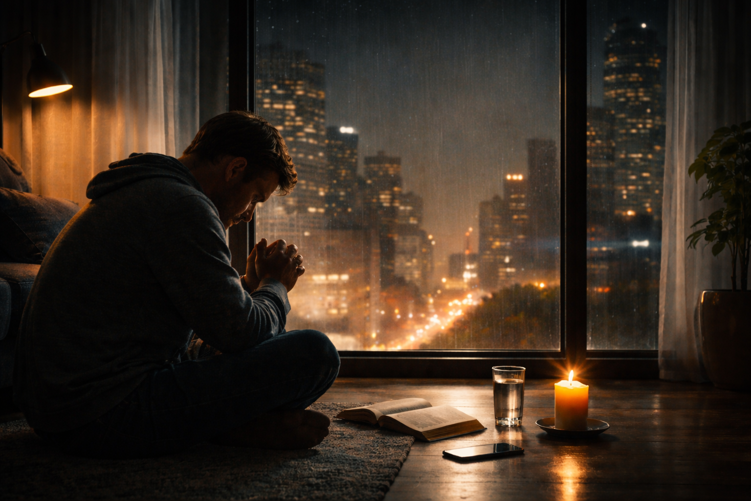 Por que alguns demônios só podem ser expulsos com jejum? Se Jesus já venceu na cruz, por que ainda é necessário? - Imagem de jovem rezando na sala com vista para cidade, na frente reza com uma bíblia , um copo de água e uma vela acesa.