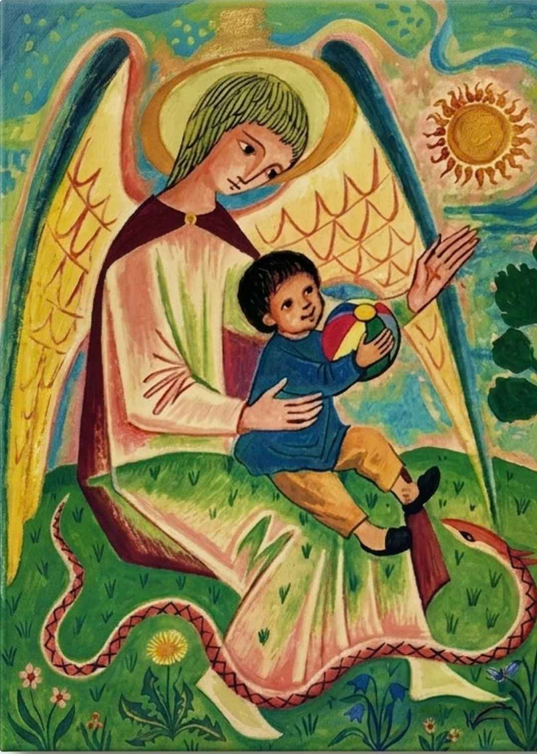 Pintura sacra do Anjo da Guarda protegendo uma criança com bola, de autoria de Roswitha Bitterlich para a Obra dos Santos Anjos
