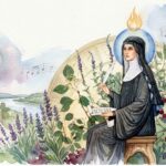 Ilustração em aquarela de Santa Hildegarda de Bingen escrevendo com uma pena, cercada por plantas medicinais, notas musicais e um mosteiro ao fundo.